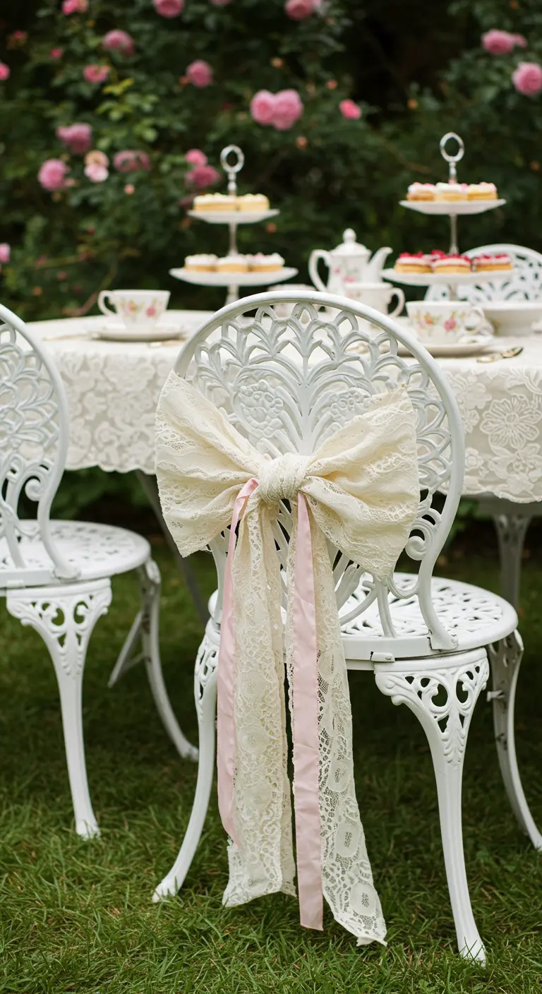 Silla de jardín de hierro forjado blanco con un gran lazo de encaje y una cinta rosa.