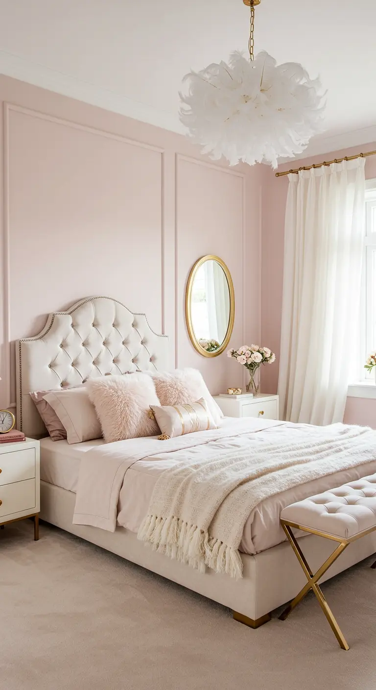 Dormitorio romántico en tonos rosa pastel con detalles dorados en muebles y un espejo ovalado.