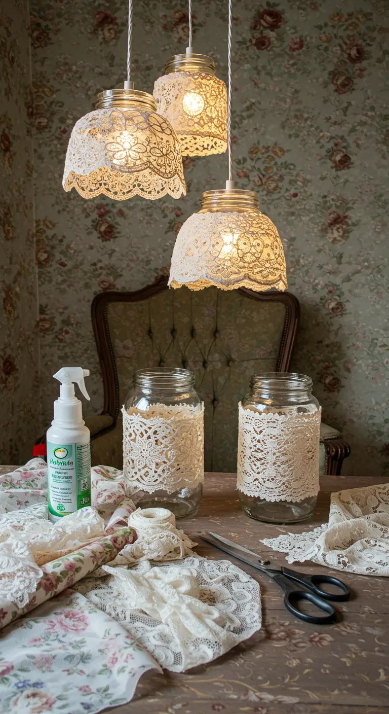 Lámparas colgantes hechas con frascos de vidrio cubiertos con encaje blanco, estilo vintage y romántico.