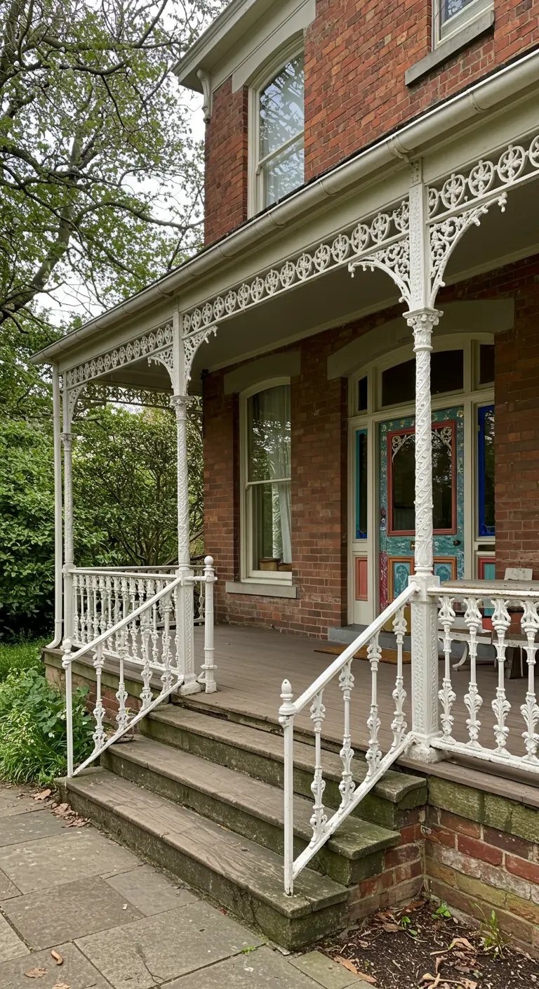 Porche de una casa victoriana con elaborados detalles de hierro forjado pintado de blanco.