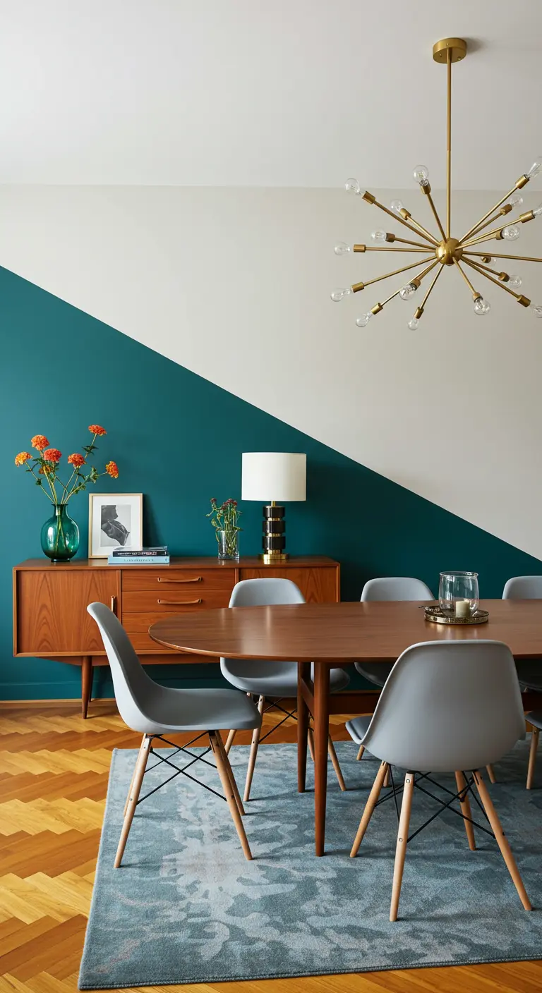 Comedor mid-century modern con pared pintada en diagonal con un vibrante color turquesa.