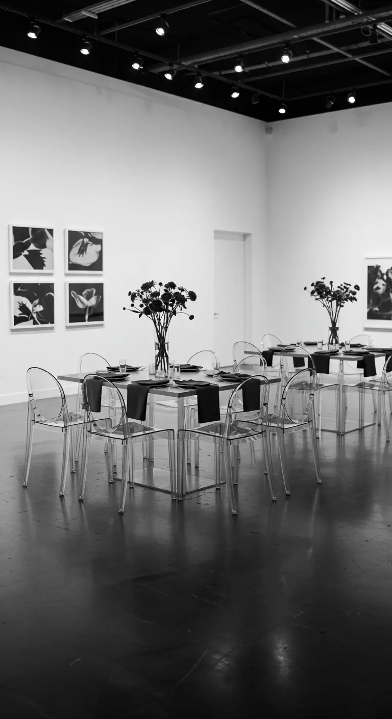 Mesa minimalista en blanco y negro en una galería de arte moderna.