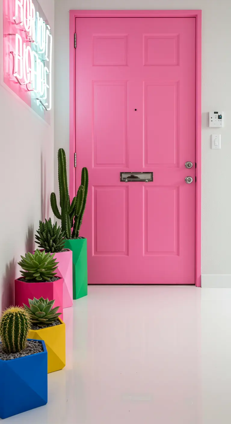 Entrada moderna con puerta rosa chicle, letrero de neón y cactus en macetas geométricas.