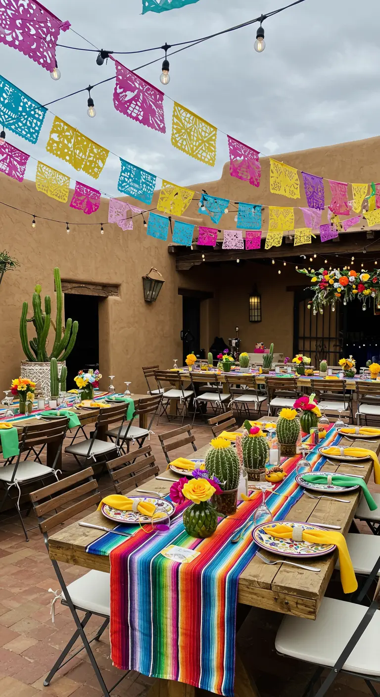 Patio de fiesta mexicano con papel picado, cactus y caminos de mesa coloridos.