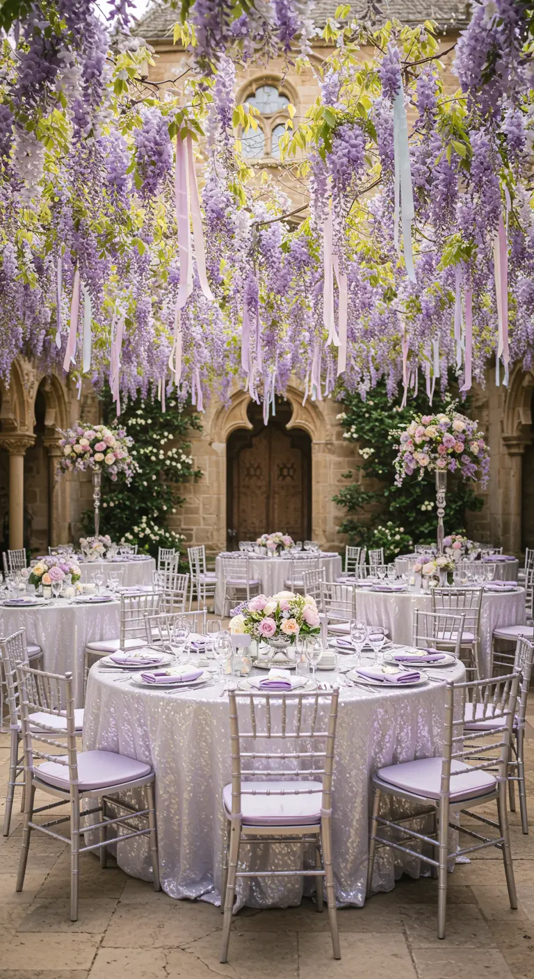 Mesas redondas bajo una cascada de flores de glicina de color lavanda.