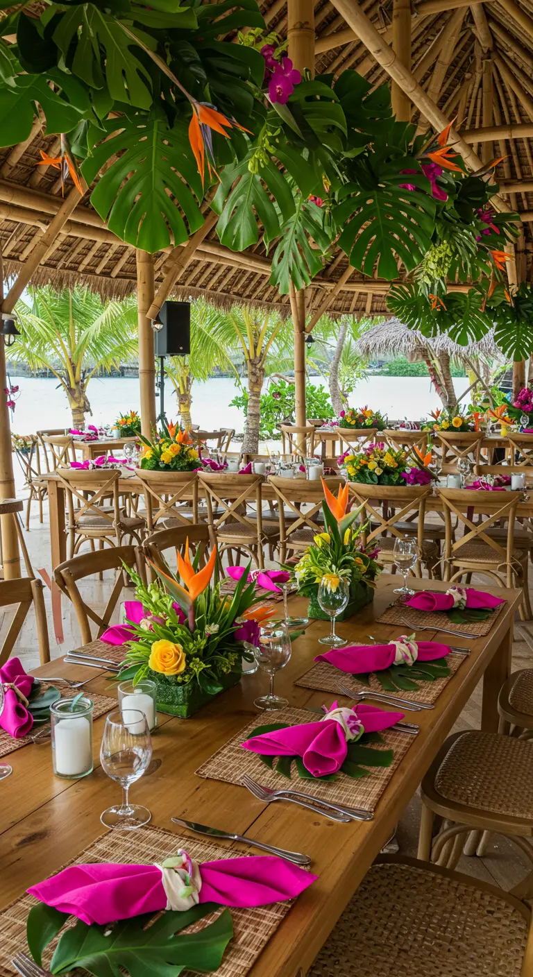 Mesa de fiesta tropical con servilletas fucsia y hojas de monstera.