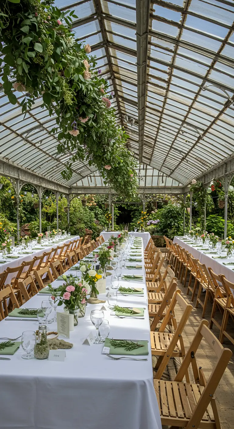 Mesas largas en un invernadero luminoso con abundante vegetación colgante.