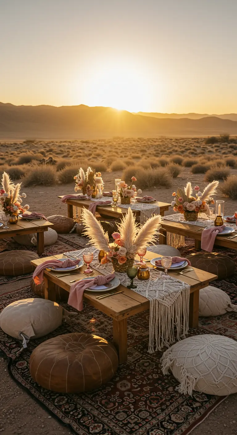 Picnic bohemio en el desierto al atardecer con mesas bajas y cojines.