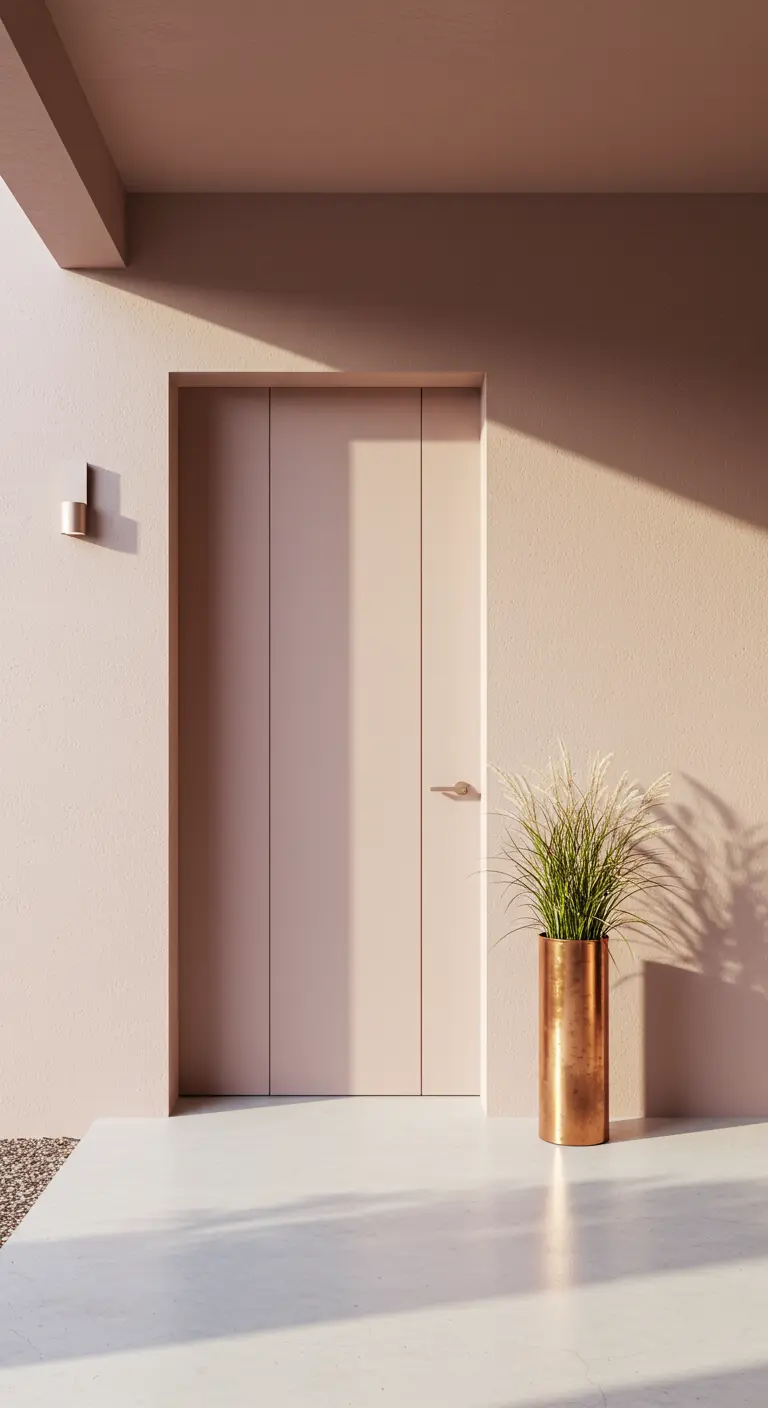 Porche minimalista en rosa empolvado con una maceta alta y cilíndrica de cobre brillante