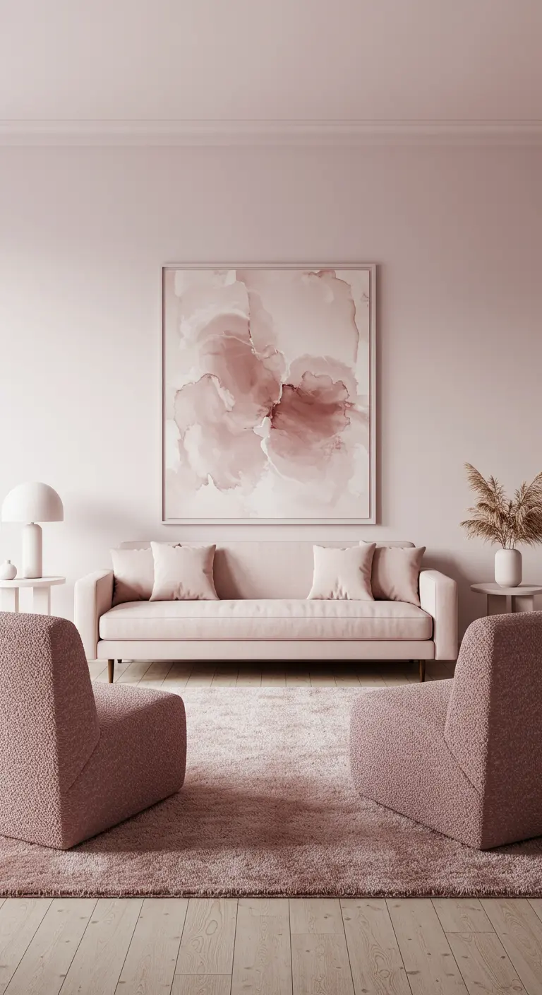 Sala de estar minimalista en tonos rosa empolvado con butacas de bouclé y arte abstracto.