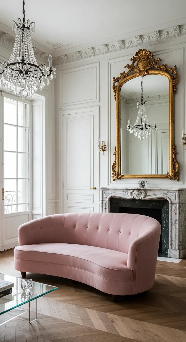 Salón de estilo parisino con sofá curvo de terciopelo rosa, espejo dorado y chimenea de mármol.