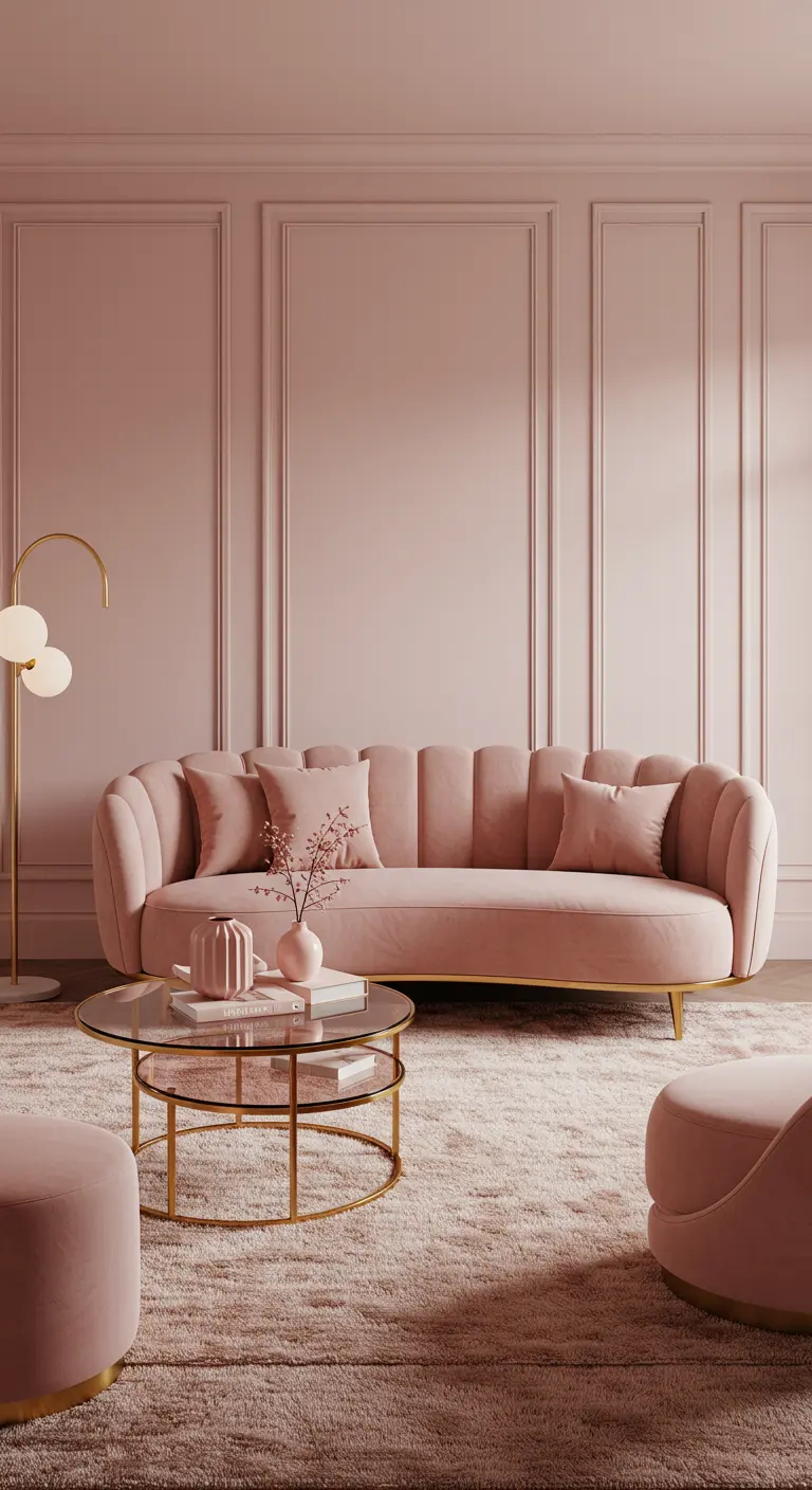 Elegante sala de estar en rosa empolvado con sofá de terciopelo, molduras y acentos dorados.