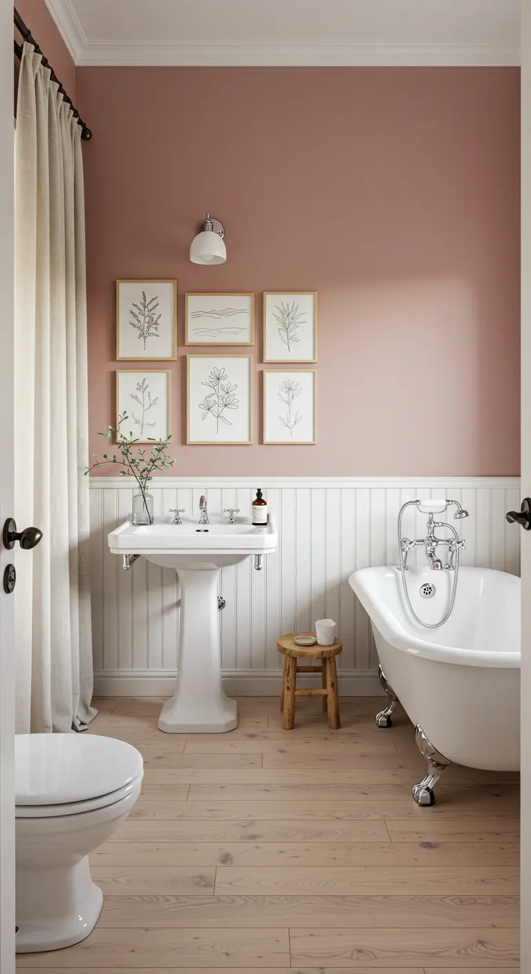 Baño con pared rosa empolvado, zócalo blanco y una galería de láminas botánicas.