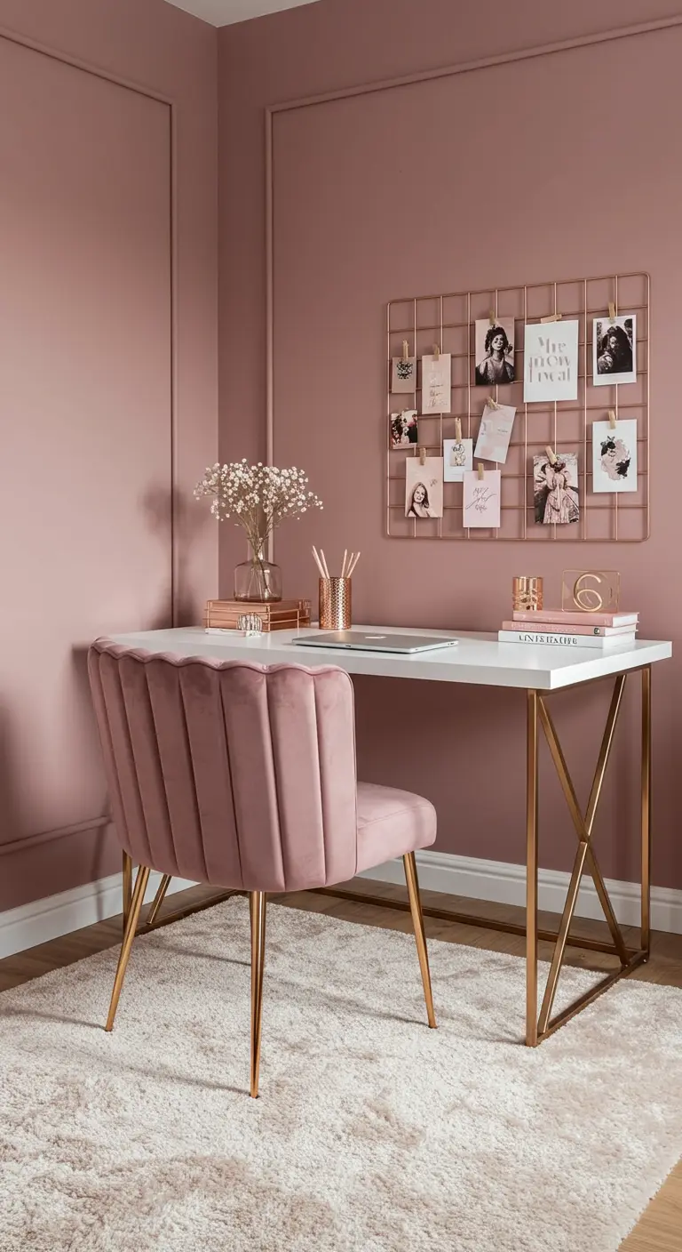 Oficina en casa en rosa empolvado con silla de terciopelo y detalles en color cobre.