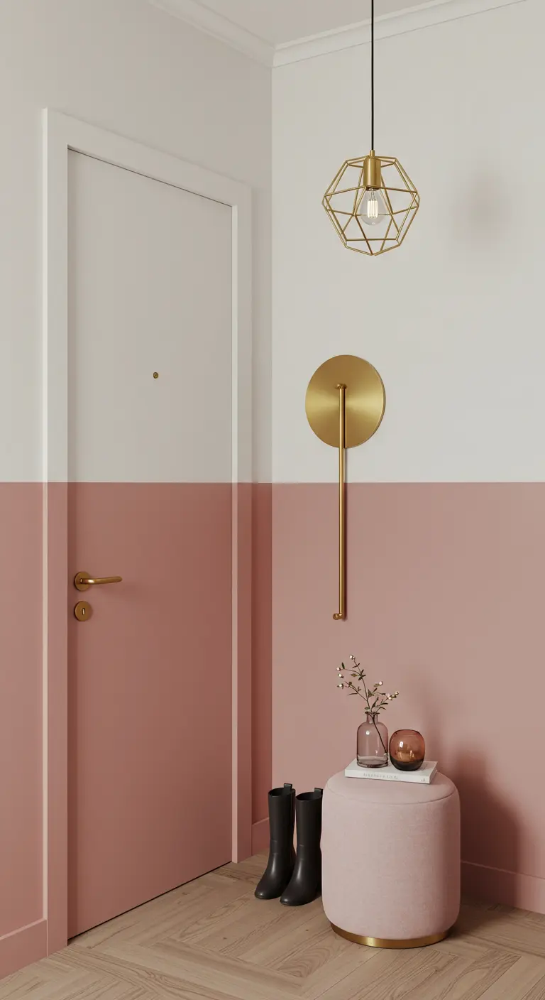 Entrada con pared bicolor en rosa empolvado y blanco, con detalles decorativos en dorado.