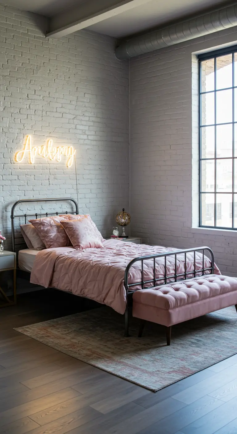 Habitación de estilo industrial con pared de ladrillo, cama de metal y detalles en rosa pastel.