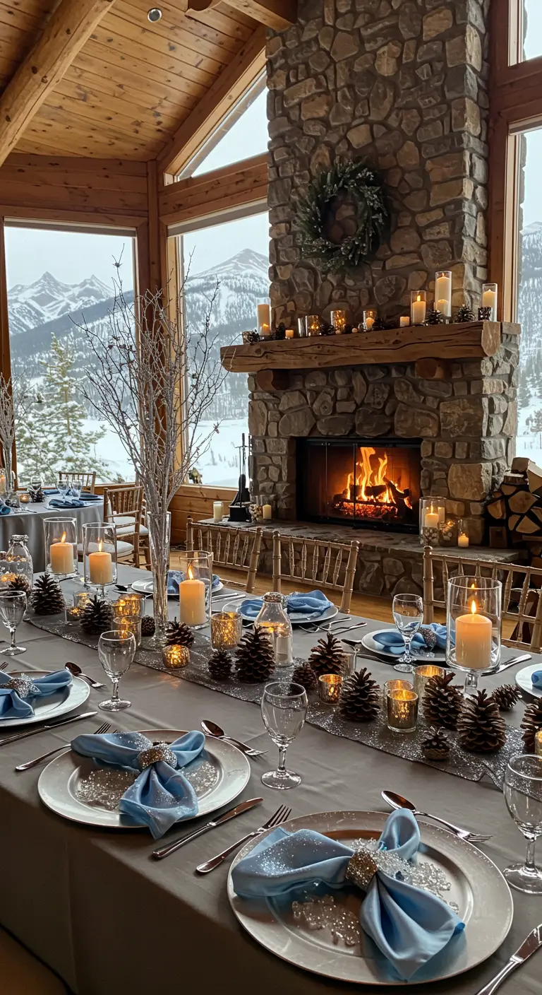 Mesa de invierno con piñas, velas y una chimenea encendida al fondo.