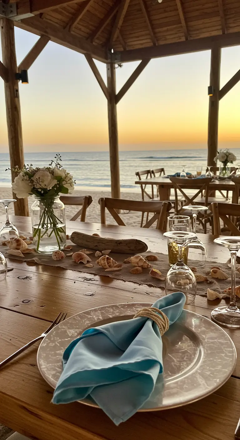 Mesa en la playa con servilleta azul y decoración de conchas marinas al atardecer.