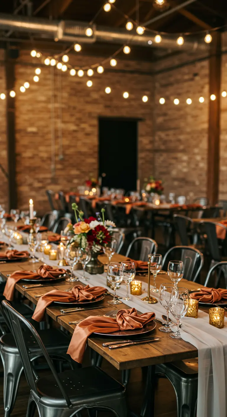 Mesa de madera en un espacio industrial con paredes de ladrillo y luces colgantes.