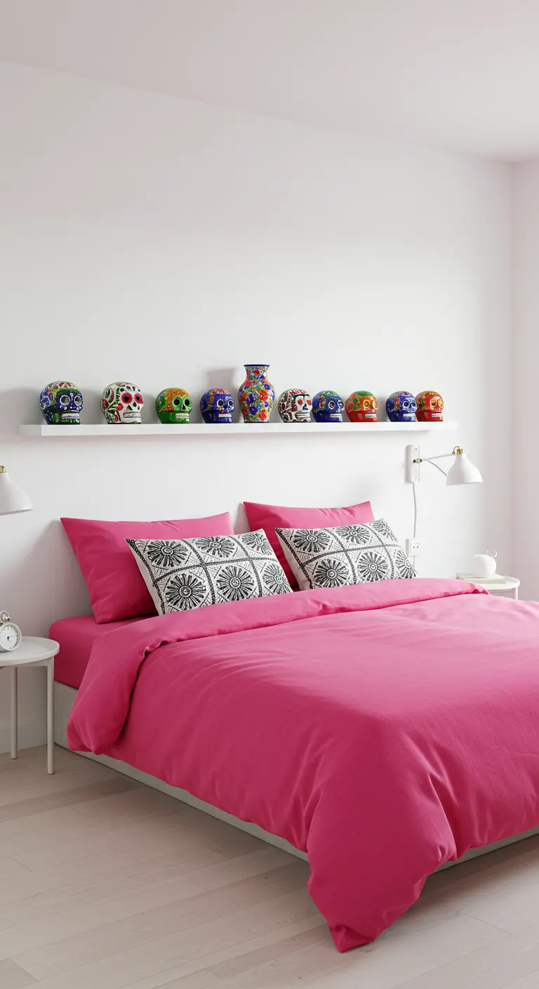 Dormitorio minimalista blanco con ropa de cama rosa fucsia y calaveras de azúcar en una repisa.