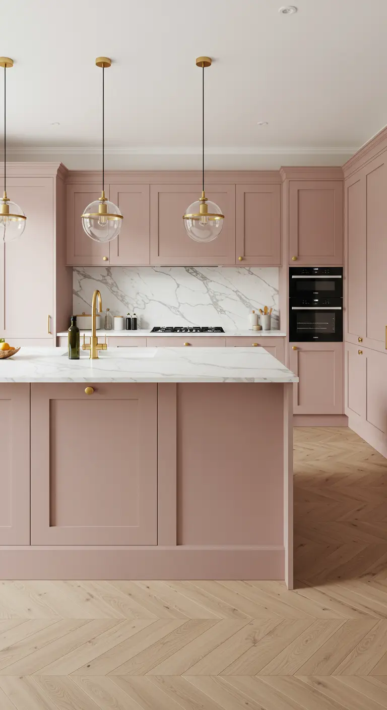 Cocina moderna con gabinetes en rosa empolvado, isla blanca y lámparas doradas colgantes.