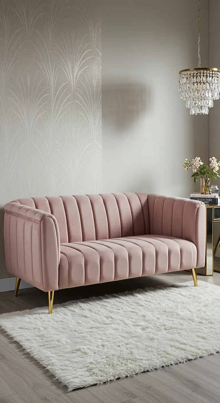 Sofá cama de terciopelo rosa con patas doradas en un salón elegante con papel pintado Art Déco.