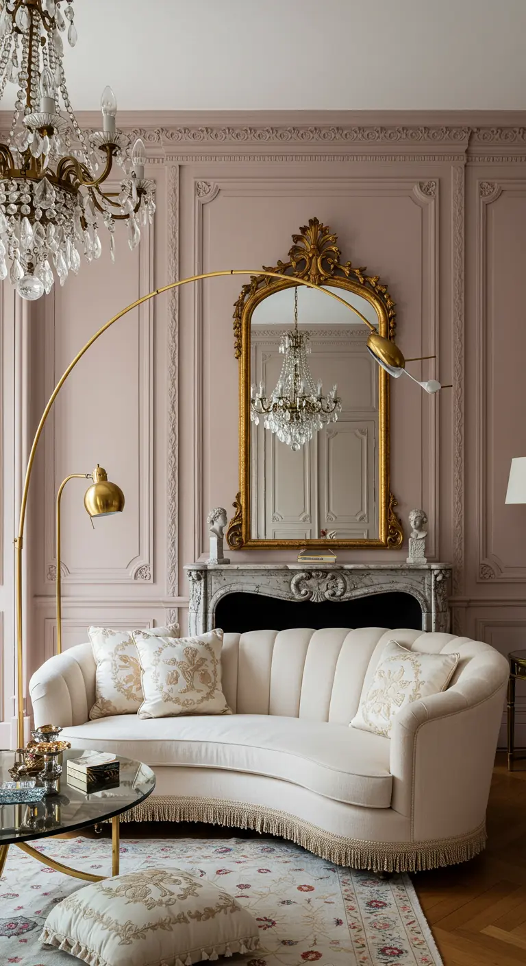 Sala de estar con paredes en rosa pálido, sofá curvo blanco y una gran lámpara de arco dorada.