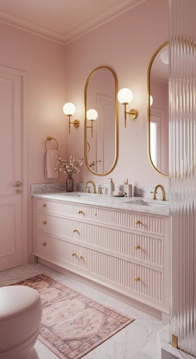 Baño elegante en tonos rosa y blanco con dos espejos ovalados alargados y detalles dorados.