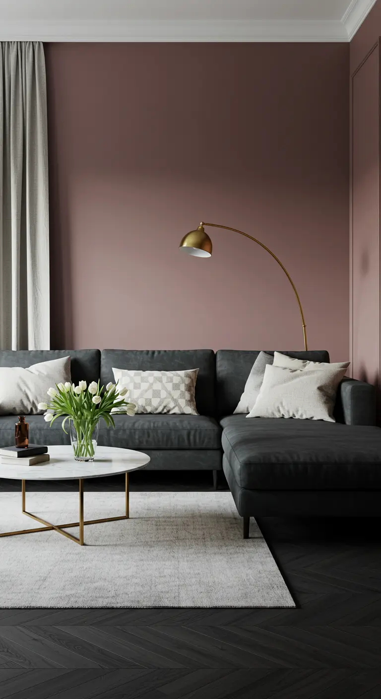 Sala elegante con pared malva, sofá negro seccional y lámpara de arco dorada.