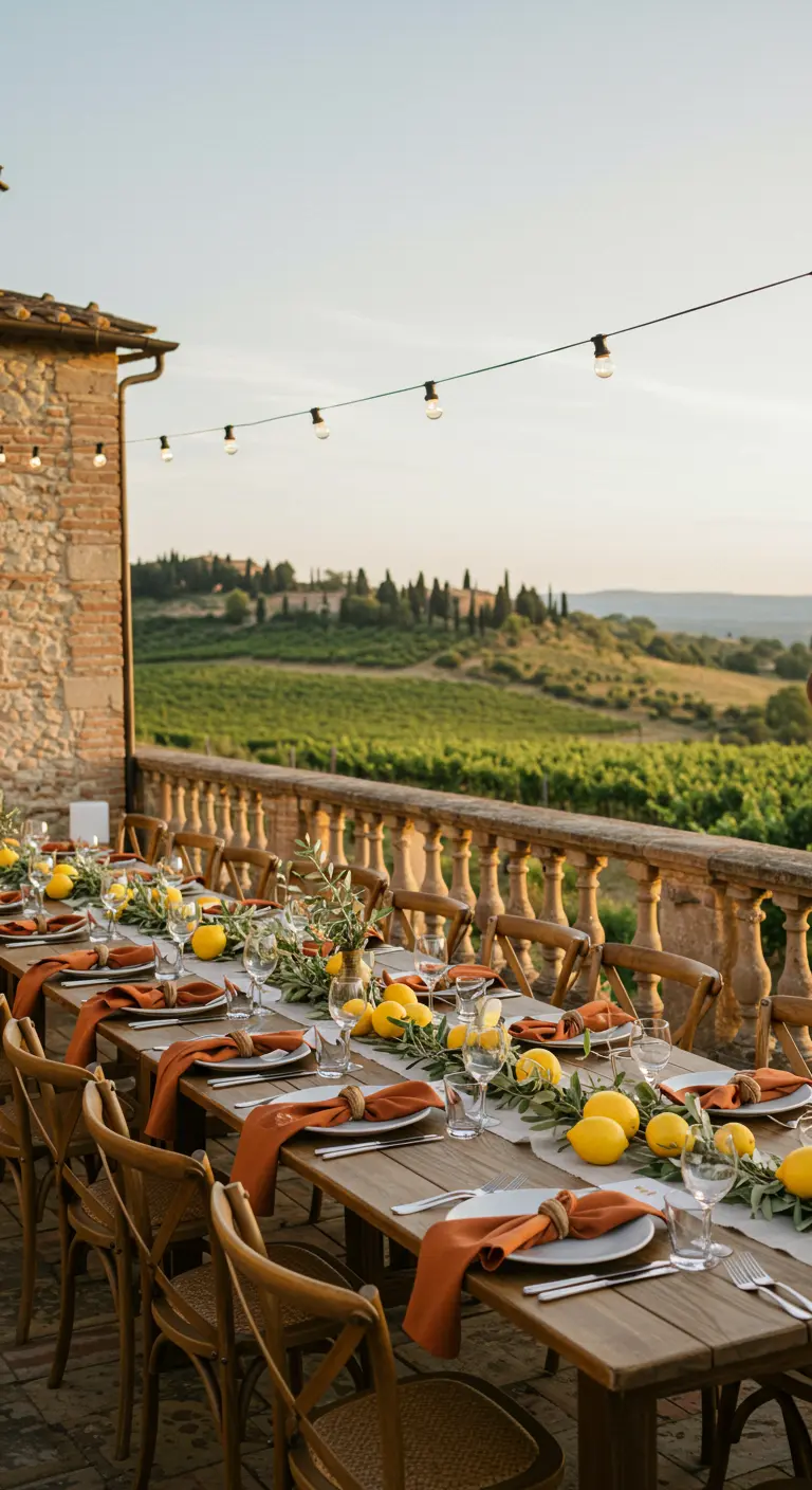 Mesa larga en una terraza toscana con limones frescos como centro de mesa.