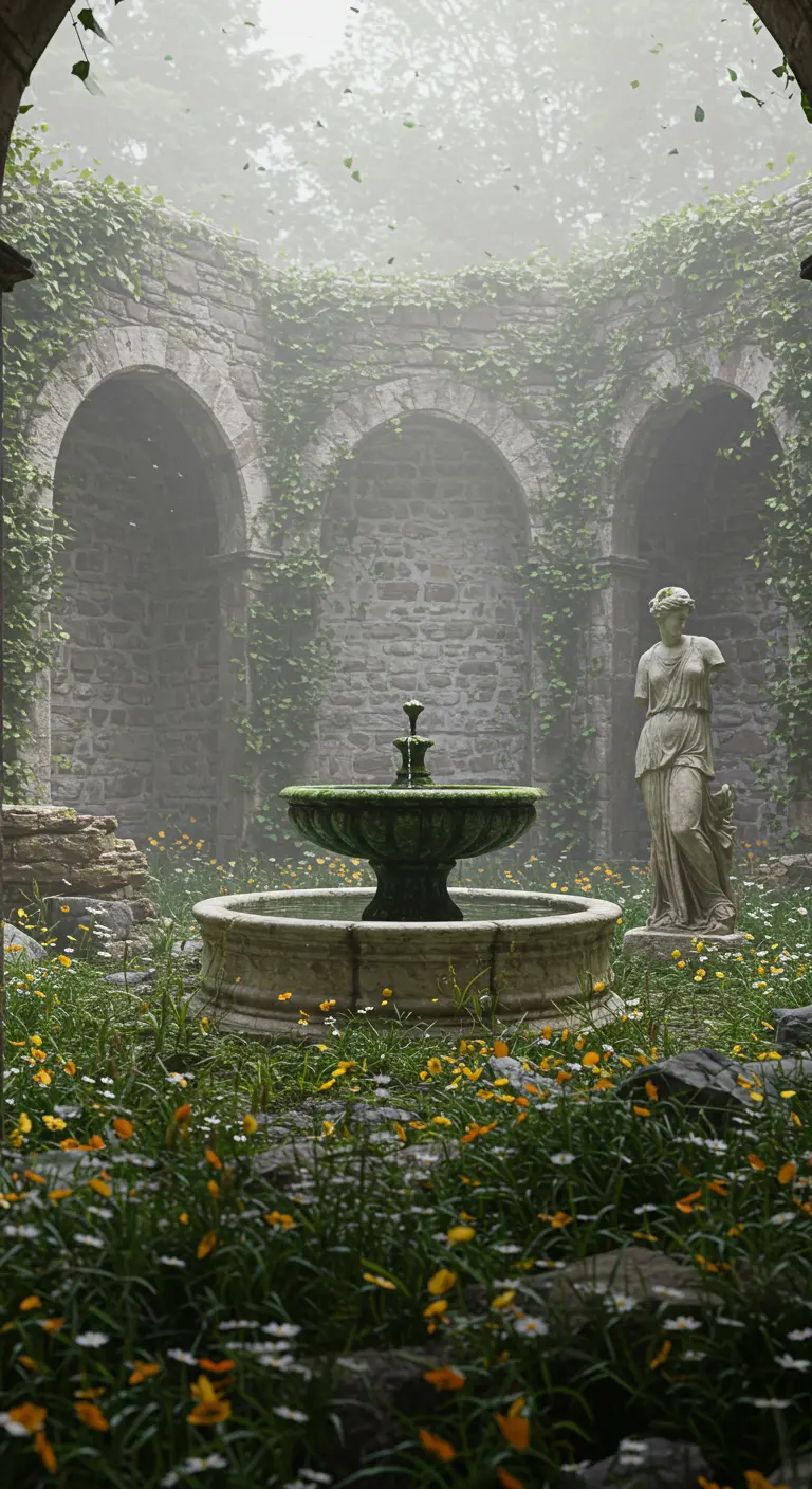 Patio de piedra en ruinas con arcos, hiedra, una fuente antigua y una estatua clásica.