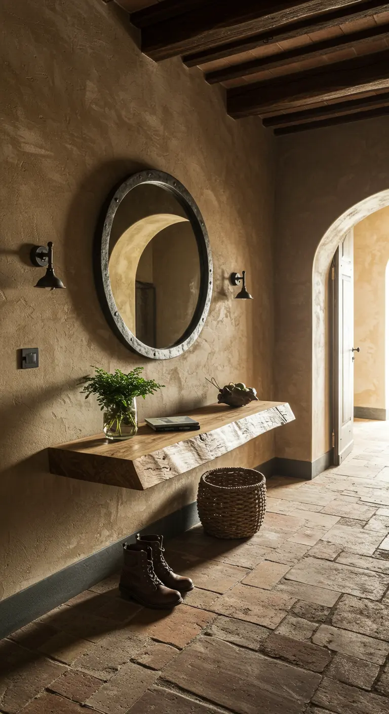 Recibidor rústico con pared estucada, consola de madera de borde irregular y suelo de terracota