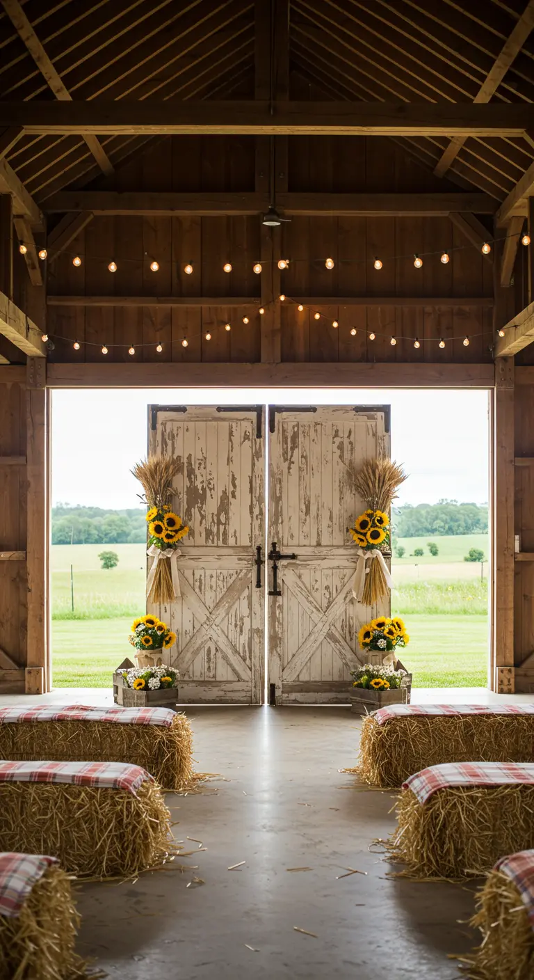 Unas puertas de granero rústicas abiertas a un campo verde, decoradas con girasoles.