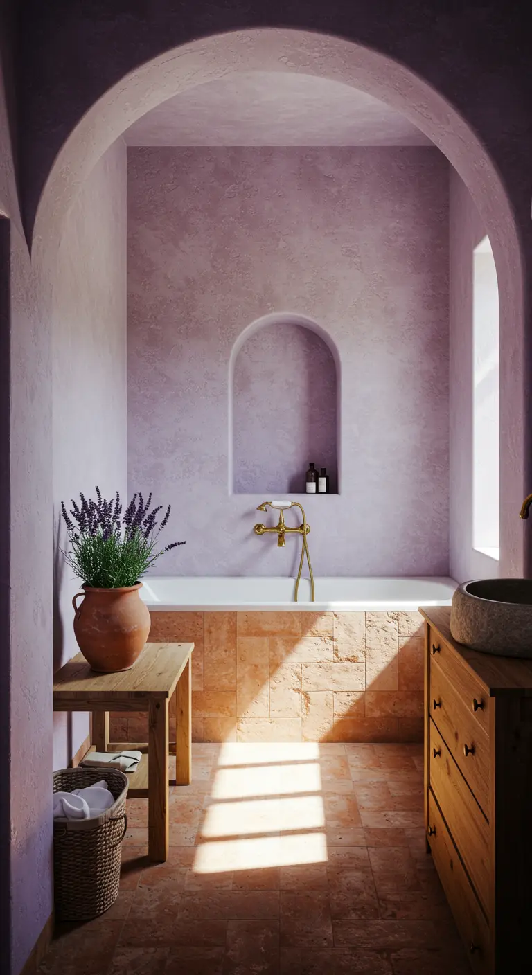 Baño de estilo mediterráneo con paredes de estuco lavanda, suelo de terracota y un arco