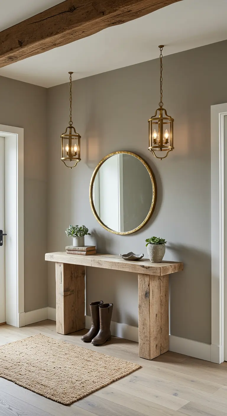 Recibidor rústico con consola de madera maciza, espejo redondo dorado y lámparas tipo farol.
