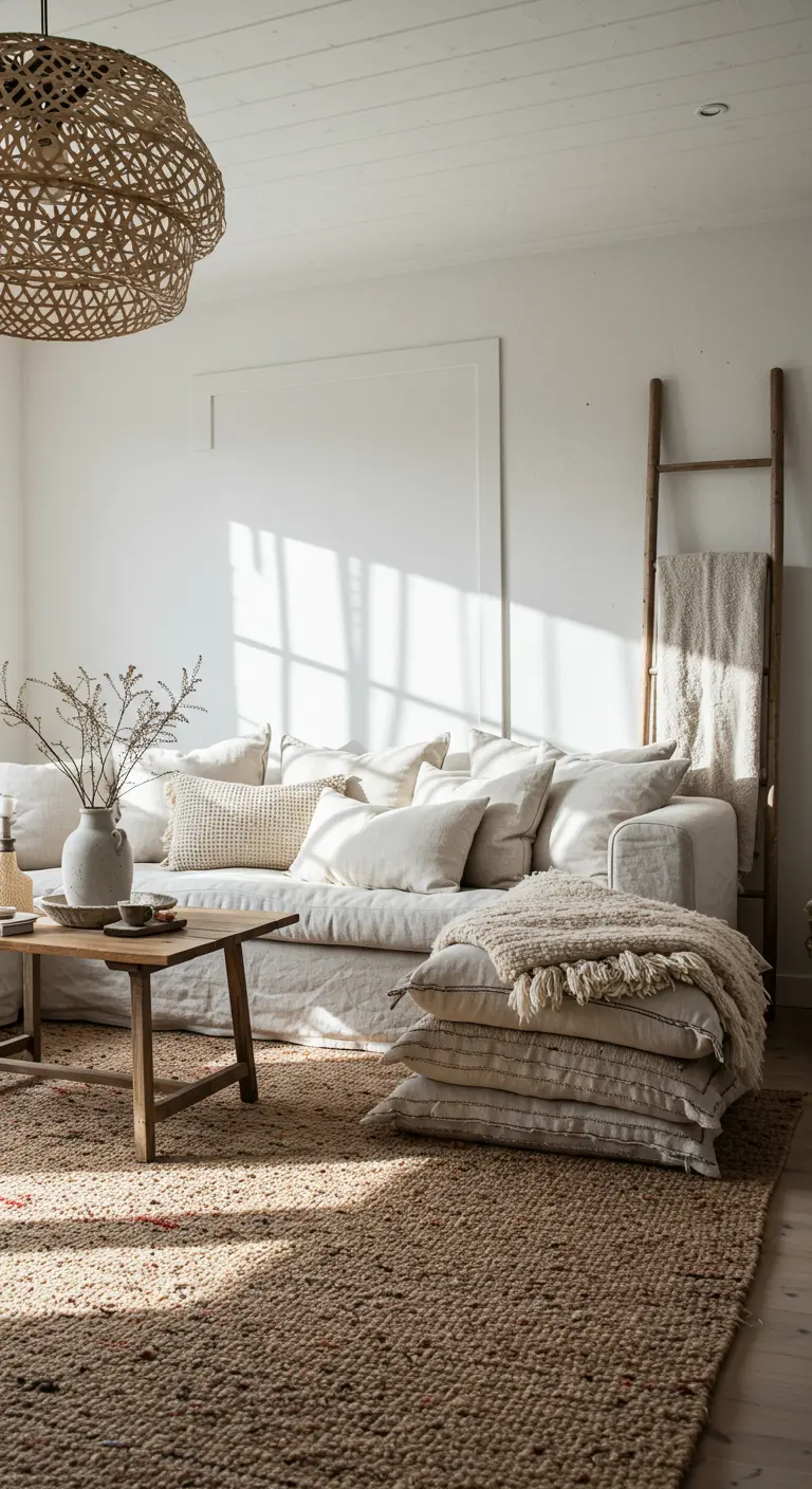 Salón rústico con sofá de lino blanco, alfombra de yute y escalera de madera con mantas