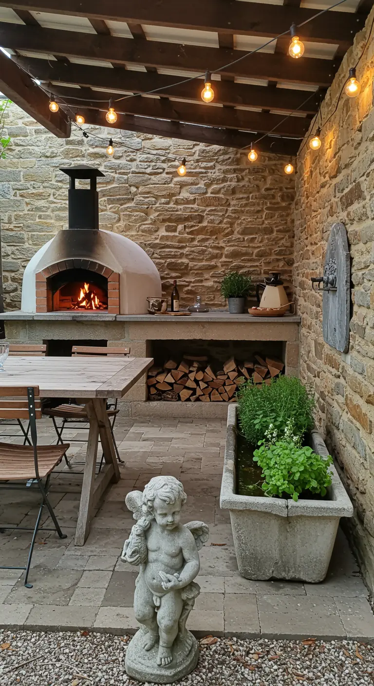 Patio rústico con horno de leña, una mesa de madera y una estatua de un querubín.