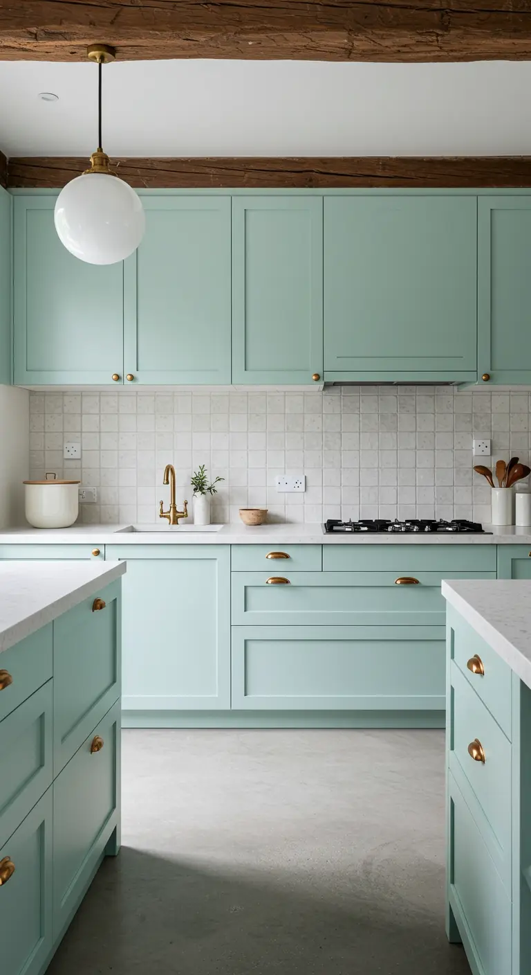 Cocina menta con viga de madera en el techo y tiradores dorados.
