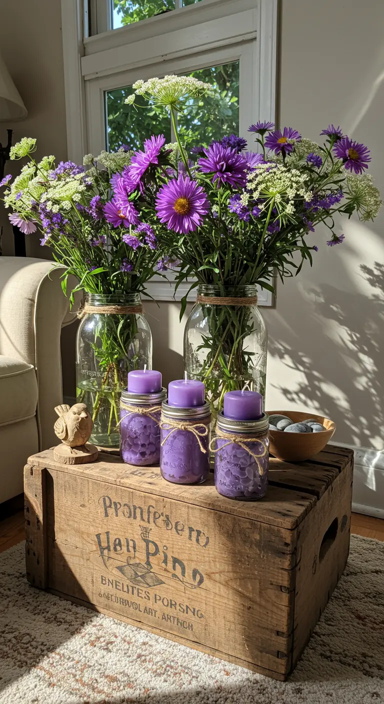 Caja de madera rústica con tarros de cristal con flores silvestres y velas moradas.