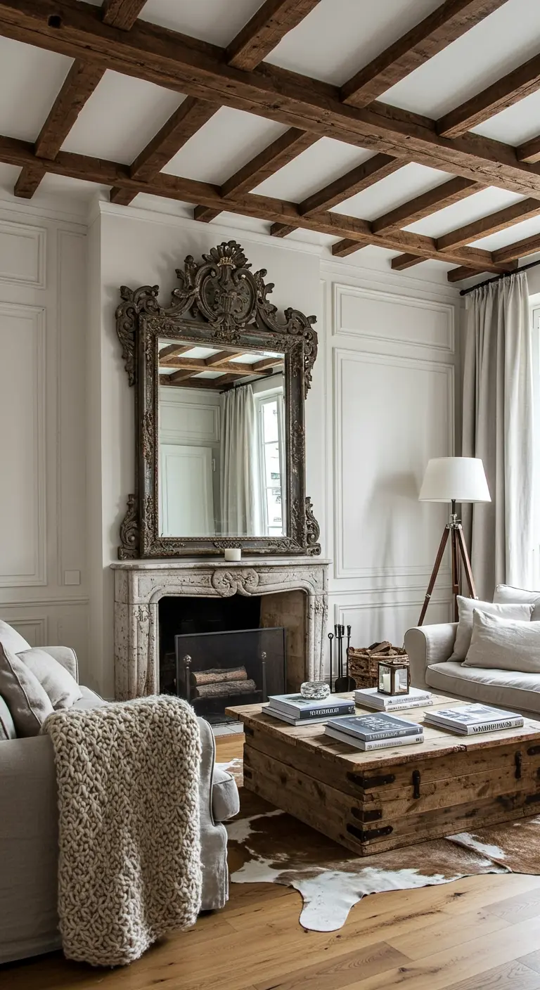 Sala con techo de vigas de madera, paredes blancas y muebles rústicos-chic.