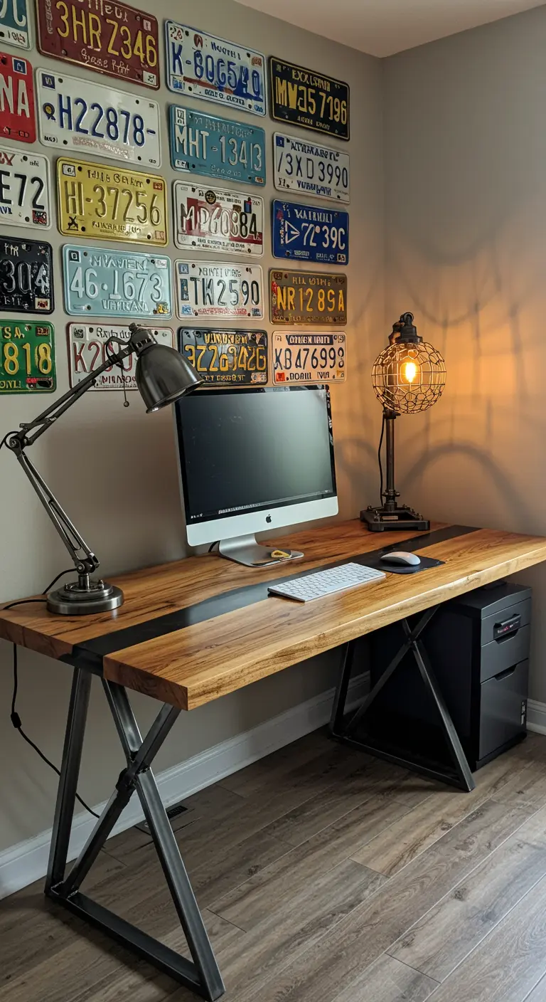 Oficina en casa con una pared decorada con una colección de matrículas antiguas y un escritorio de madera y metal.
