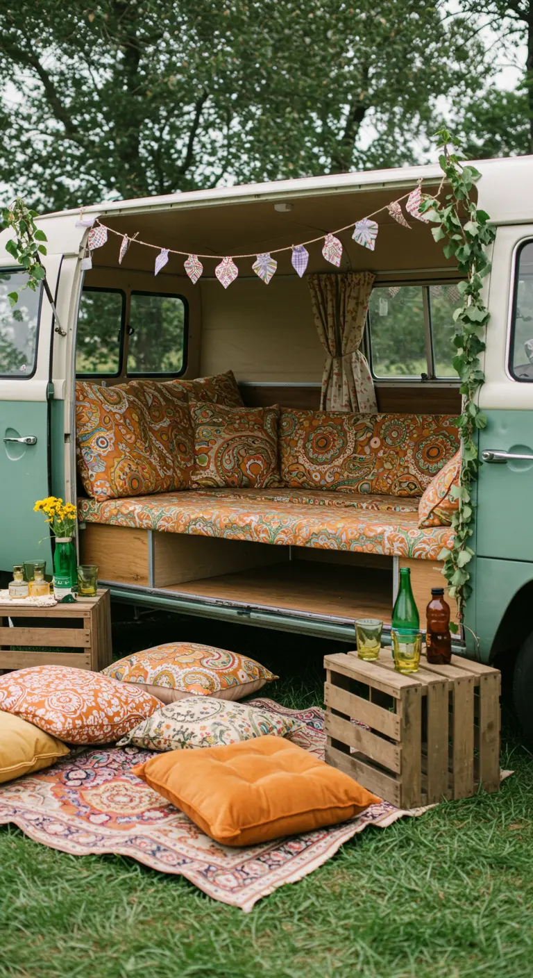 Furgoneta vintage con la puerta abierta, llena de cojines de estilo bohemio y paisley.