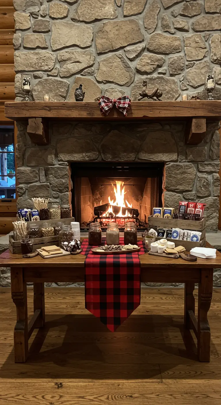 Estación de s'mores rústica frente a una chimenea de piedra encendida.