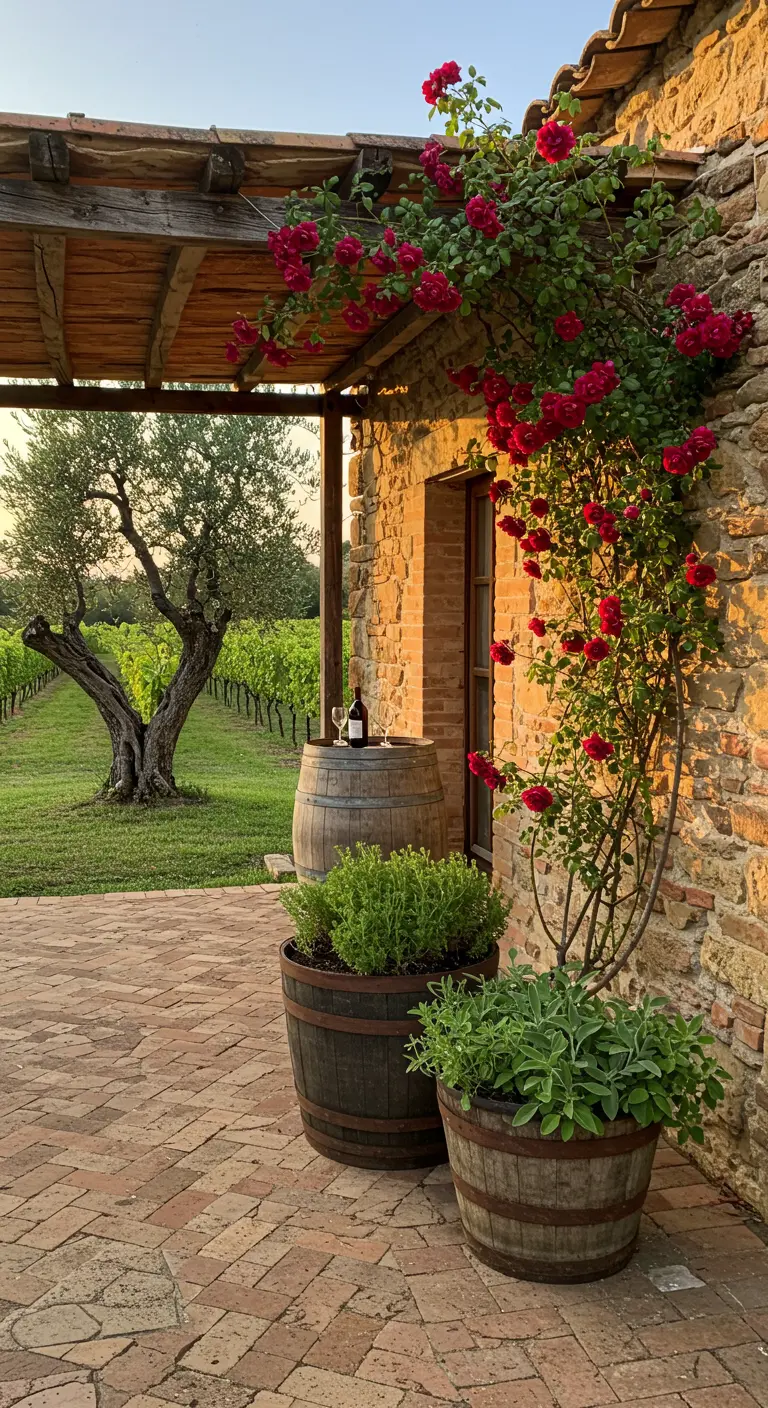 Patio rústico con vistas a un viñedo, rosas rojas y hierbas aromáticas en barriles de vino.
