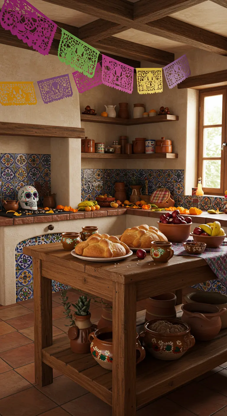 Pan de muerto sobre una mesa de madera en una cocina rústica con azulejos de talavera.