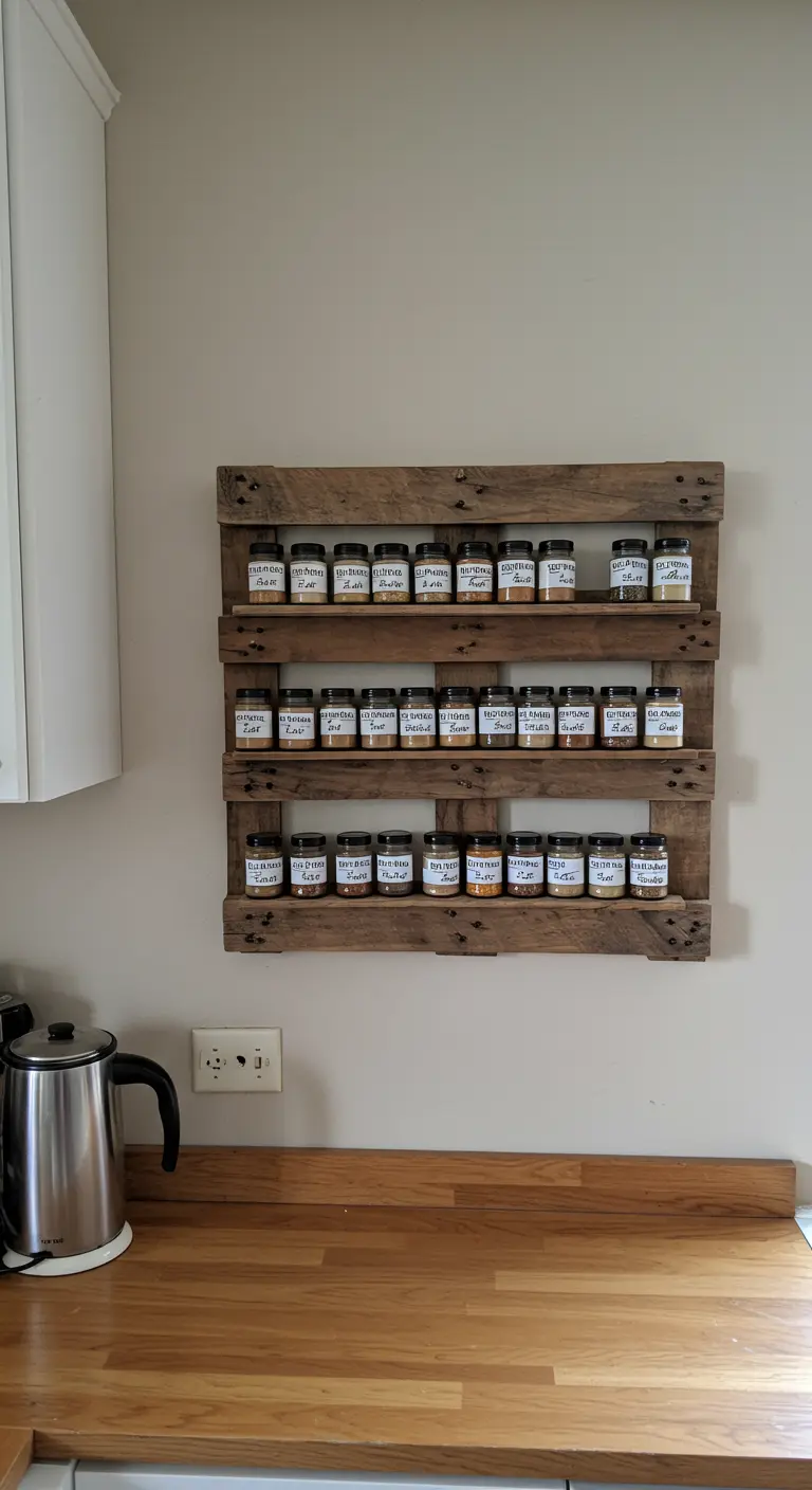 Especiero de pared hecho con una sección de pallet, con tres niveles de botes de especias.