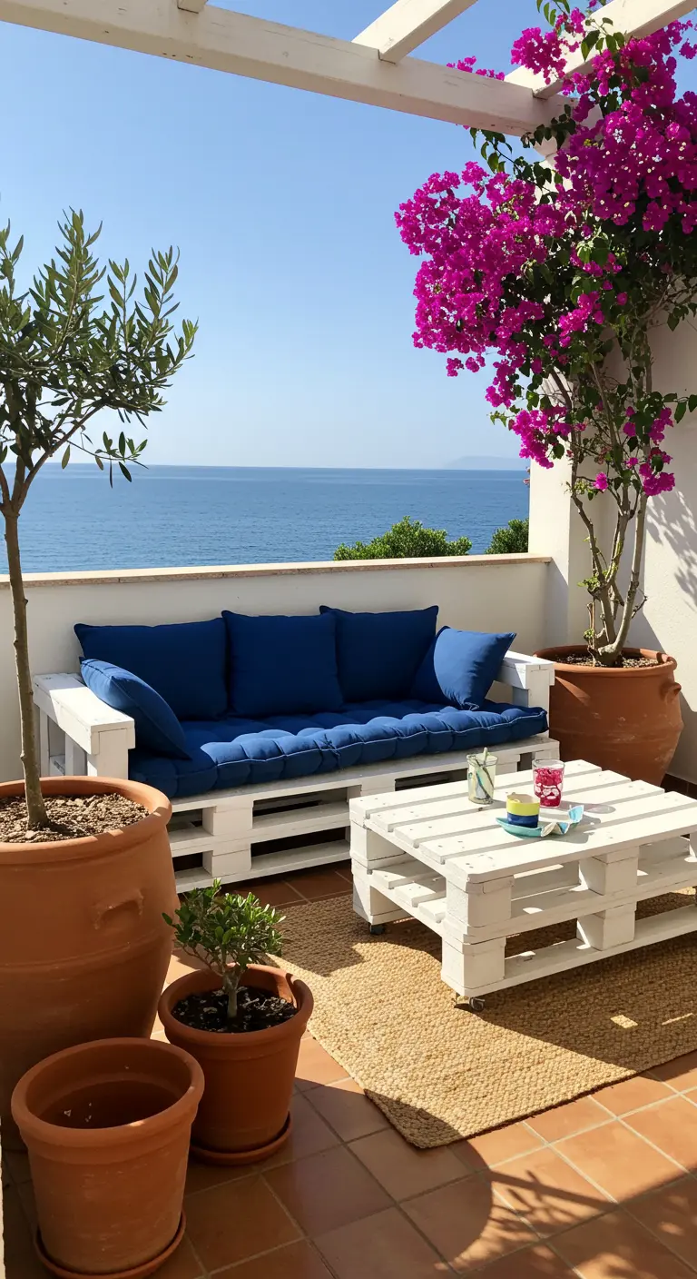 Terraza con vistas al mar, sofá de palets blanco, cojines azules y una buganvilla fucsia.