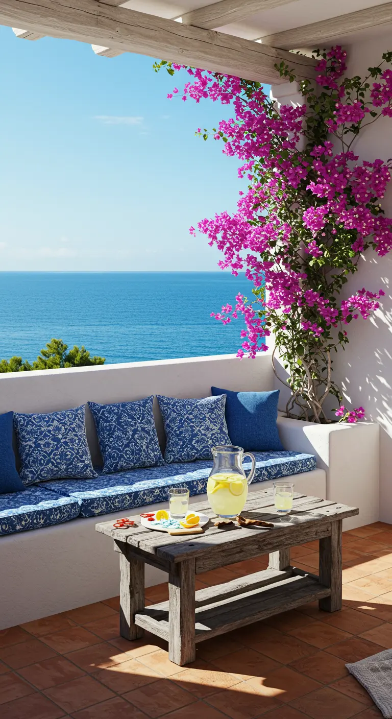 Balcón mediterráneo con banco de obra, cojines azules, buganvillas y vistas al mar.