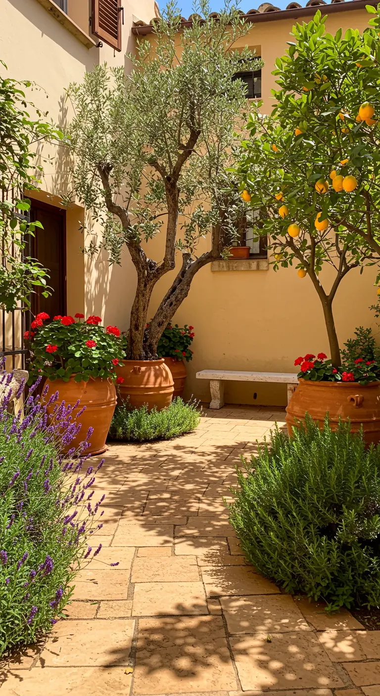 Patio mediterráneo con suelo de baldosas, macetones de terracota y un banco de piedra rústico.
