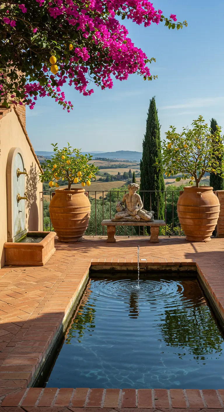 Terraza toscana con alberca, macetones de terracota con limoneros y una escultura sentada.